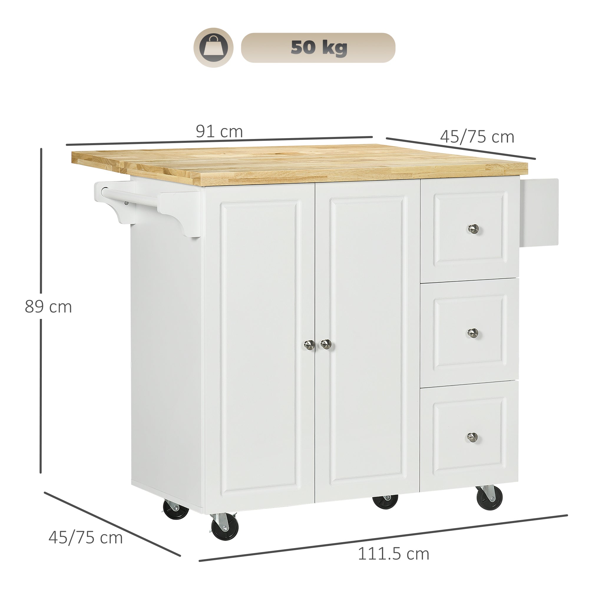 Drop-Leaf Kitchen Island on Wheels with Extendable Rubber Wood Worktop, Rolling Kitchen Storage Trolley, Utility Storage Cart with Drawers & Cabinet for Kitchen, Dining & Living Room, White