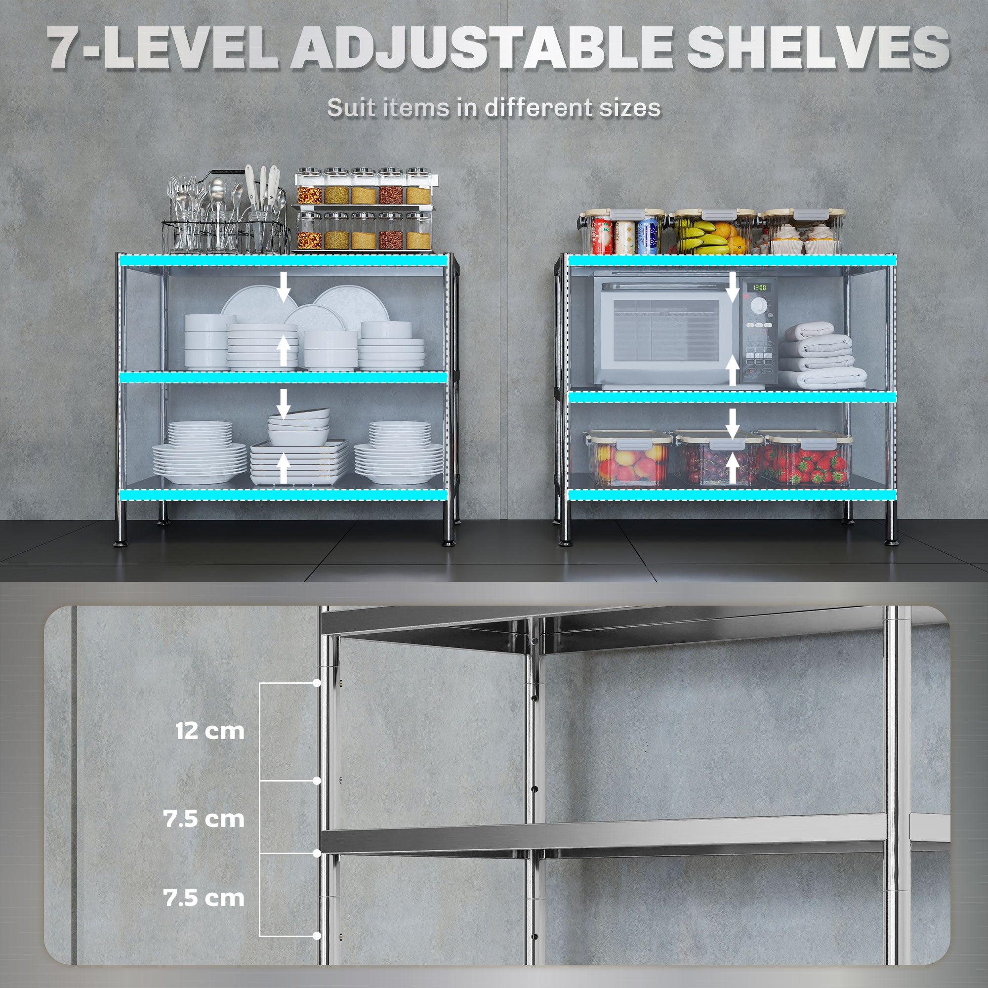 Fynco - 3-Tier Bakers Rack with Storage, Stainless Steel Microwave Stand with Adjustable Shelves for Small Spaces, Kitchen Storage Unit for Spices, Pots and Pans, Silver Tone
