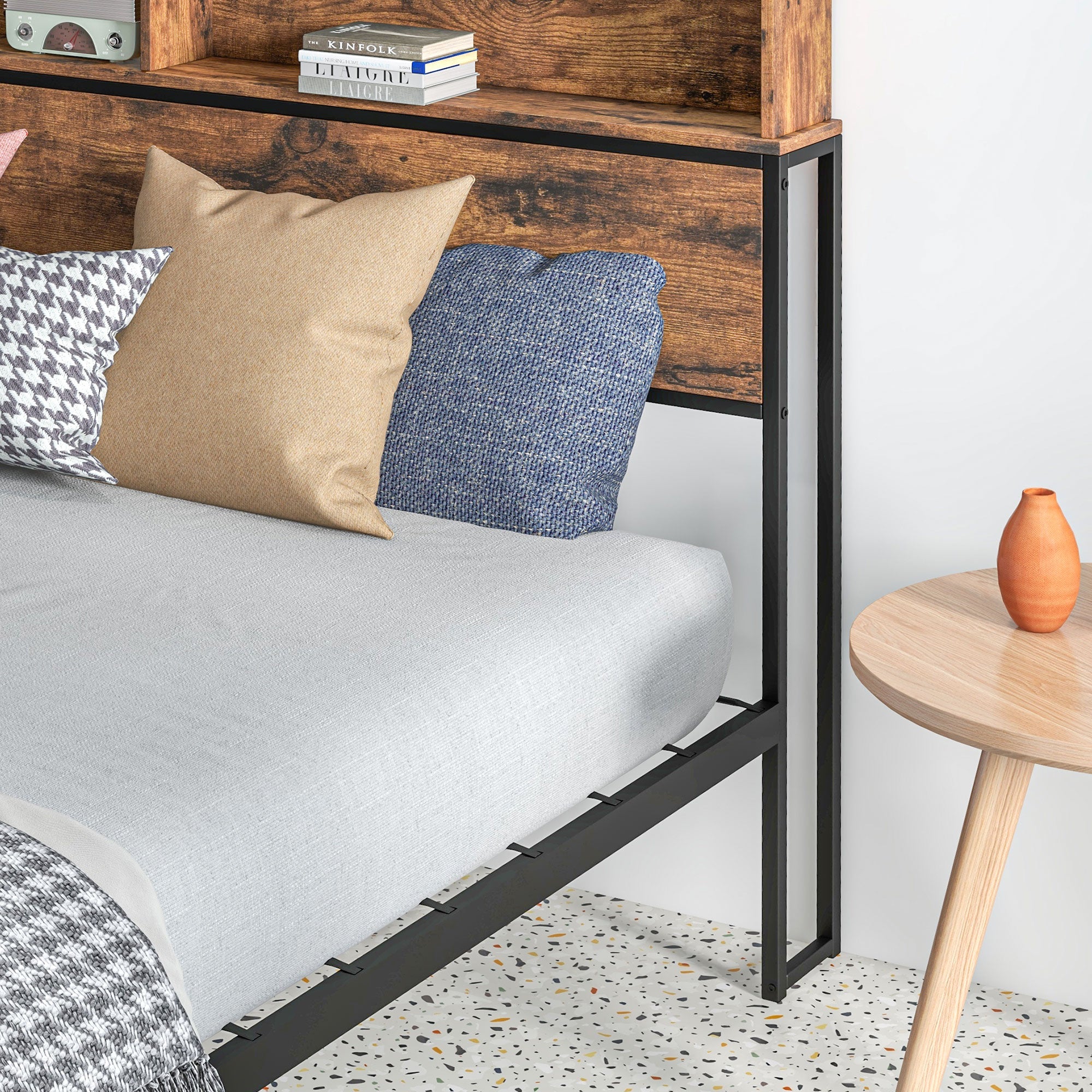 Industrial Double Bed Frame, 4.6FT Steel Bed Base with Storage Headboard, Footboard, Slatted Support and Under Bed Storage, 141 x 207cm, Rustic Brown