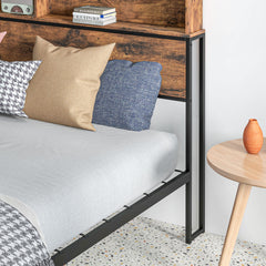 Industrial Double Bed Frame, 4.6FT Steel Bed Base with Storage Headboard, Footboard, Slatted Support and Under Bed Storage, 141 x 207cm, Rustic Brown