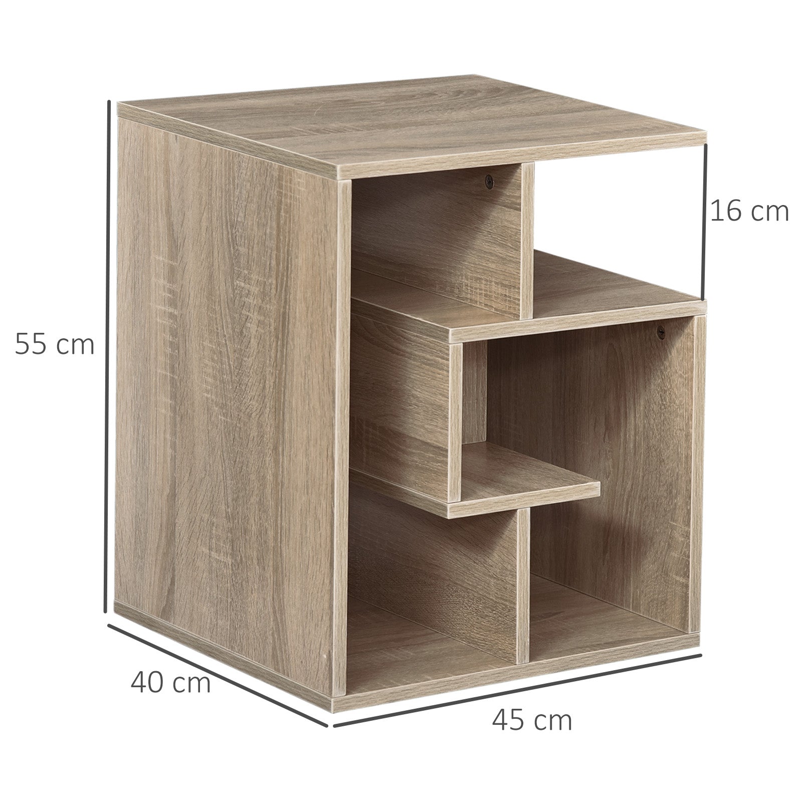 Side Table, 3 Tier End Table with Open Storage Shelves for Living Room, Bedroom, Set of 2, Oak
