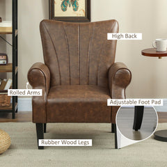 Upholstered Accent Chair with Rolled Arms and Wood Legs, Armchair for Living Room Bedroom, Brown
