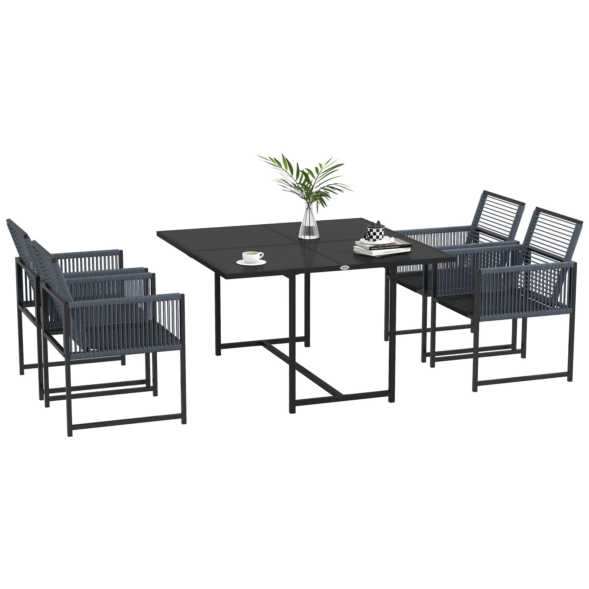 Five-Piece Metal Dining Set, with Folding Back Chairs, Dark Grey