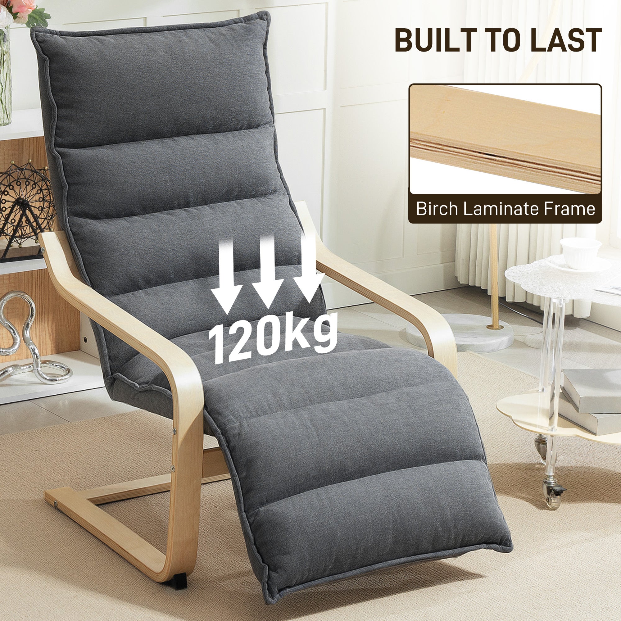 Curved Wooden Accent Chair, with Adjustable Footrest - Drak Grey