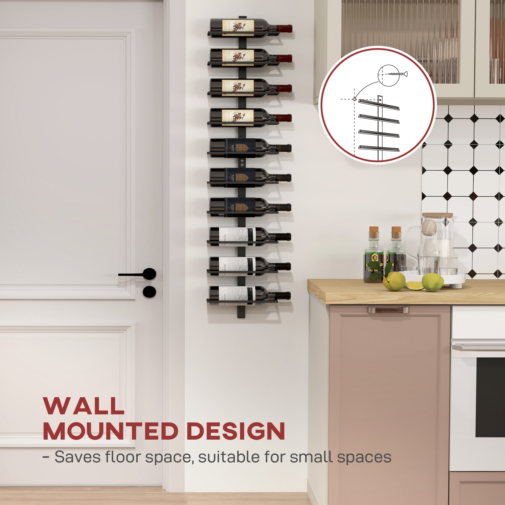 10-Tier Wall Mount Wine Rack, Steel Wall Wine Rack for 10 Wine Bottles, Wall Wine Display Rack for Kitchen, Dining Room, Home Bar, Black