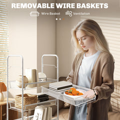 Five-Steel Mesh Basket Storage Trolley, with Wheels - White