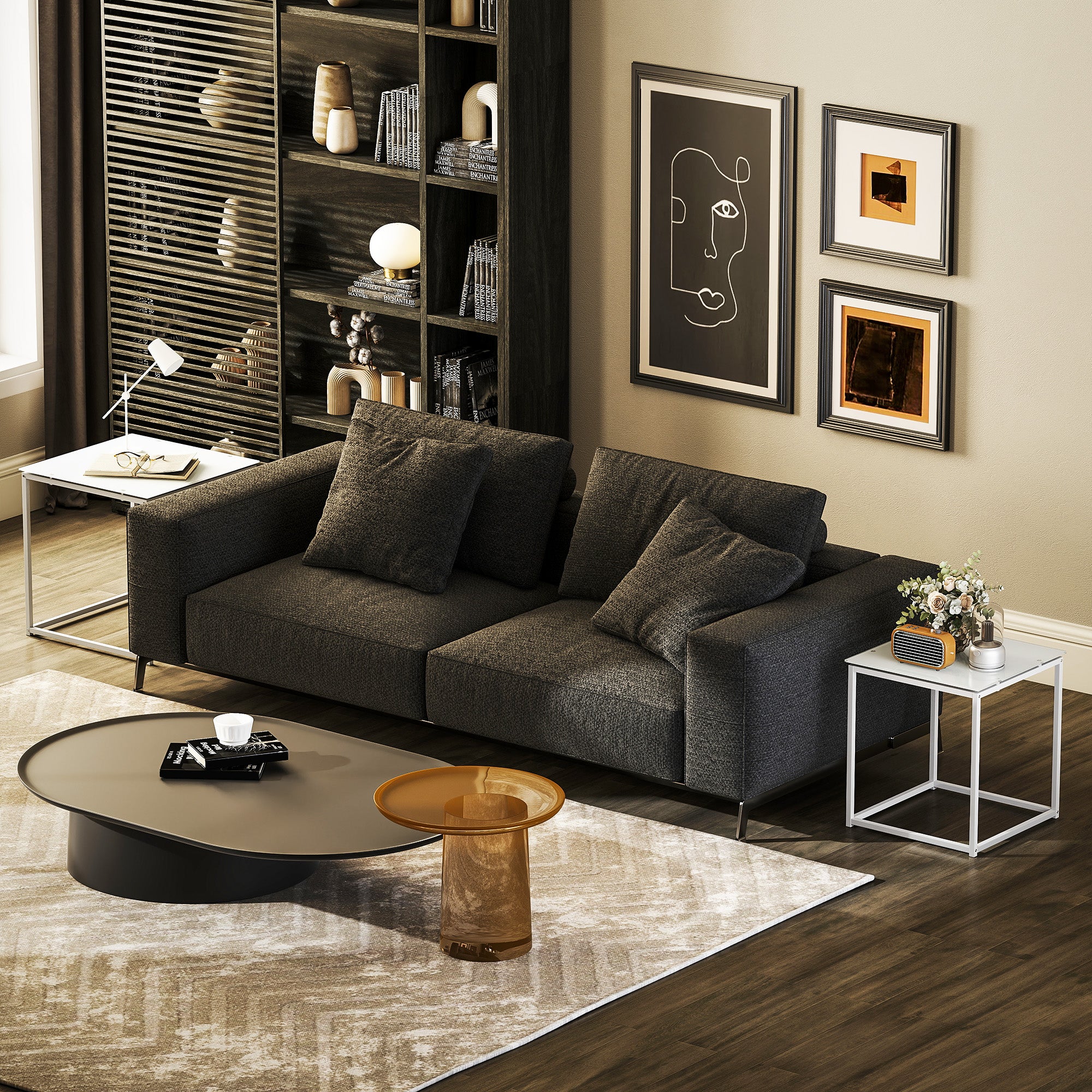 Nest of Tables, Set of 2 Coffee Table, Side Tables with Tempered Glass Desktop and Metal Frame for Living Room, Bedroom, Office, White