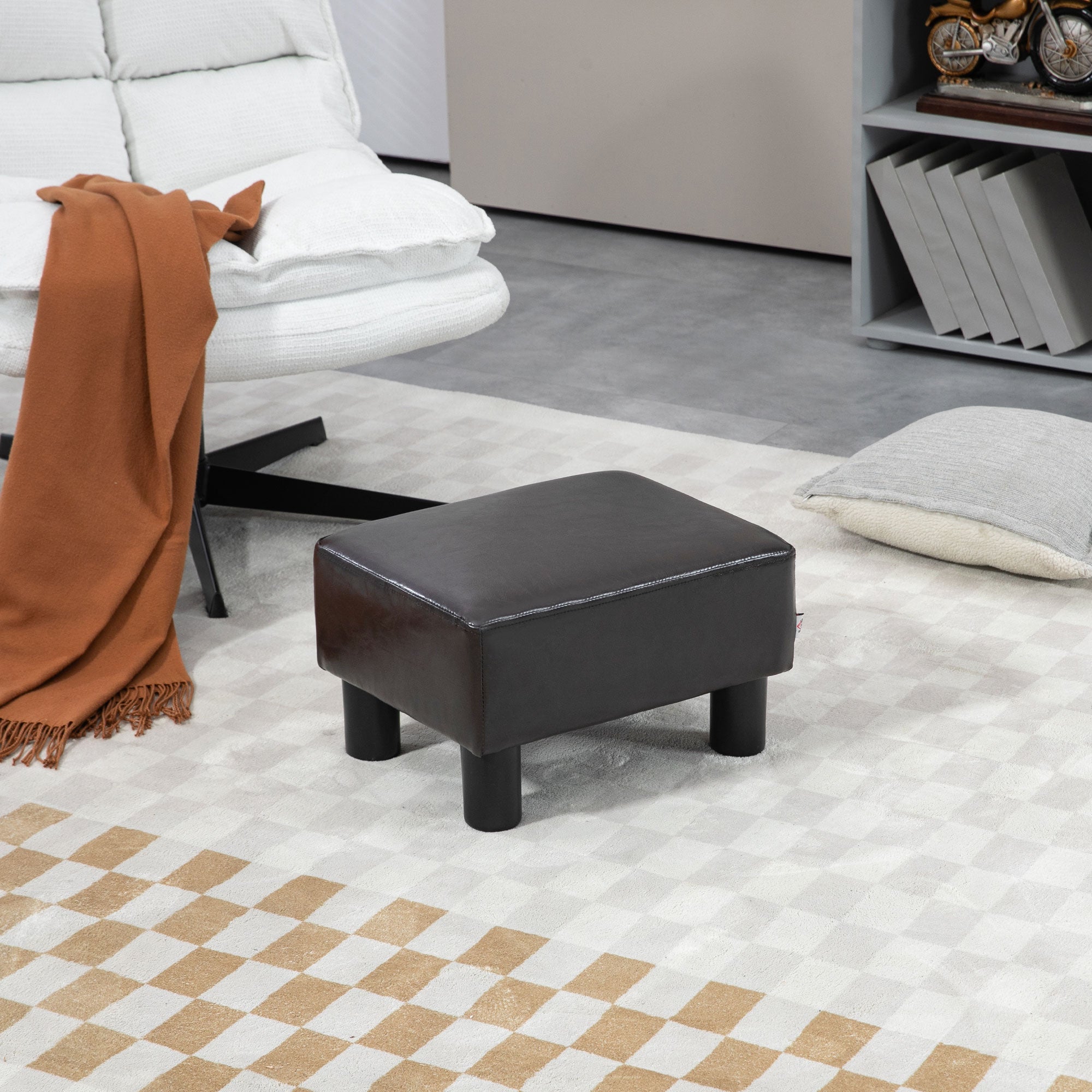 PU Leather Footstool Ottoman Cube with 4 Plastic Legs, Brown
