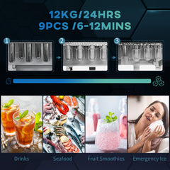 Fynco - Ice Maker Machine Counter Top, 12Kg in 24 Hrs, 9 Cubes Ready in 6-12Mins, Portable Ice Cube Maker with Ice Scoop and Basket, Black