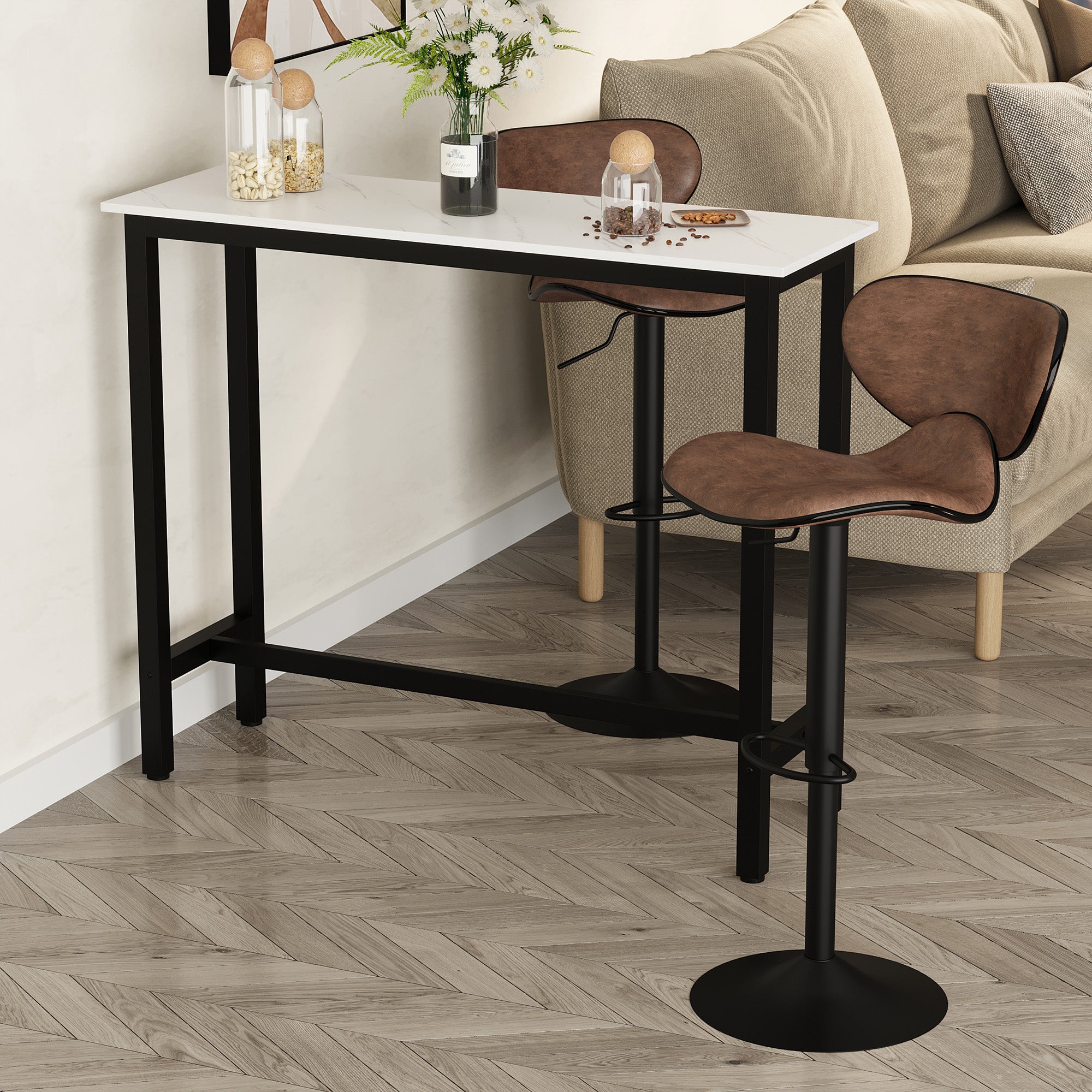 Rectangular Bar Table, Wood Effect Coffee Table for Small Space, Breakfast Dining, Kitchen, Industrial, White & Black