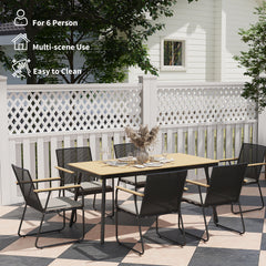6 Seater Garden Dining Set with Soft Cushions, Rattan Backrest, Rectangular Plastic Top, Garden Furniture Set, Outdoor Dining Table and Chairs for Patio, Balcony, Poolside, Nature Wood Finish