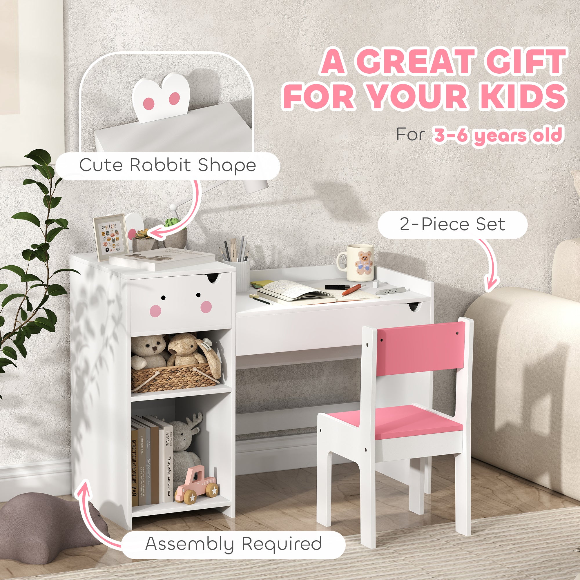 AIYAPLAY Rabbit-Themed Kids Desk and Chair Set with Bookcase, Drawers, Shelves, for Ages 3-6 Years, Whtie/Pink