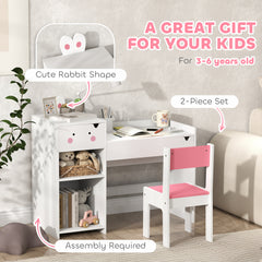 AIYAPLAY Rabbit-Themed Kids Desk and Chair Set with Bookcase, Drawers, Shelves, for Ages 3-6 Years, Whtie/Pink