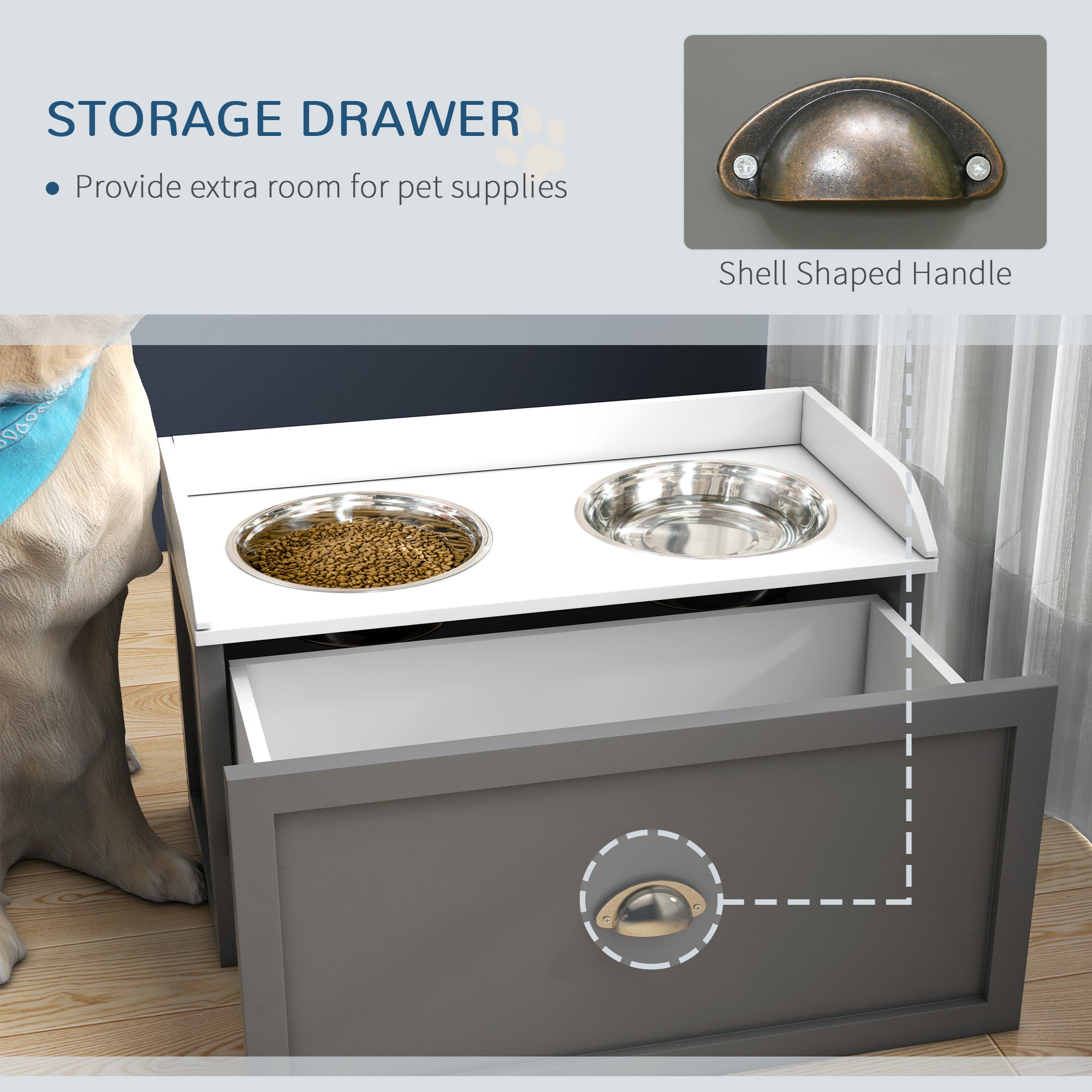 Stainless Steel Raised Dog Bowls, with 21L Storage Drawer for Large Dogs - Grey