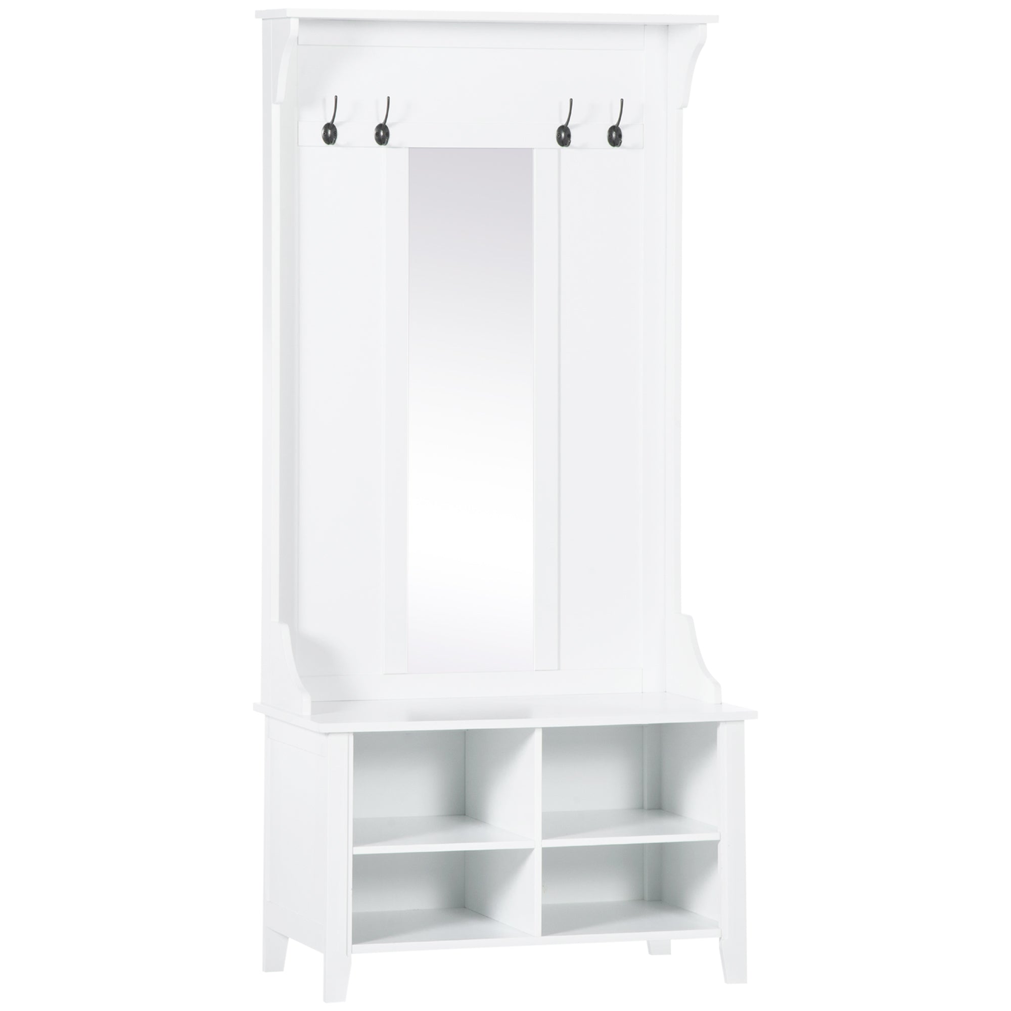 Hallway Furniture Set Shoe Bench Storage Mirror Cabinet Coat Rack Multiple Cubes Hangers Organiser Shelves w/ 4 Hooks