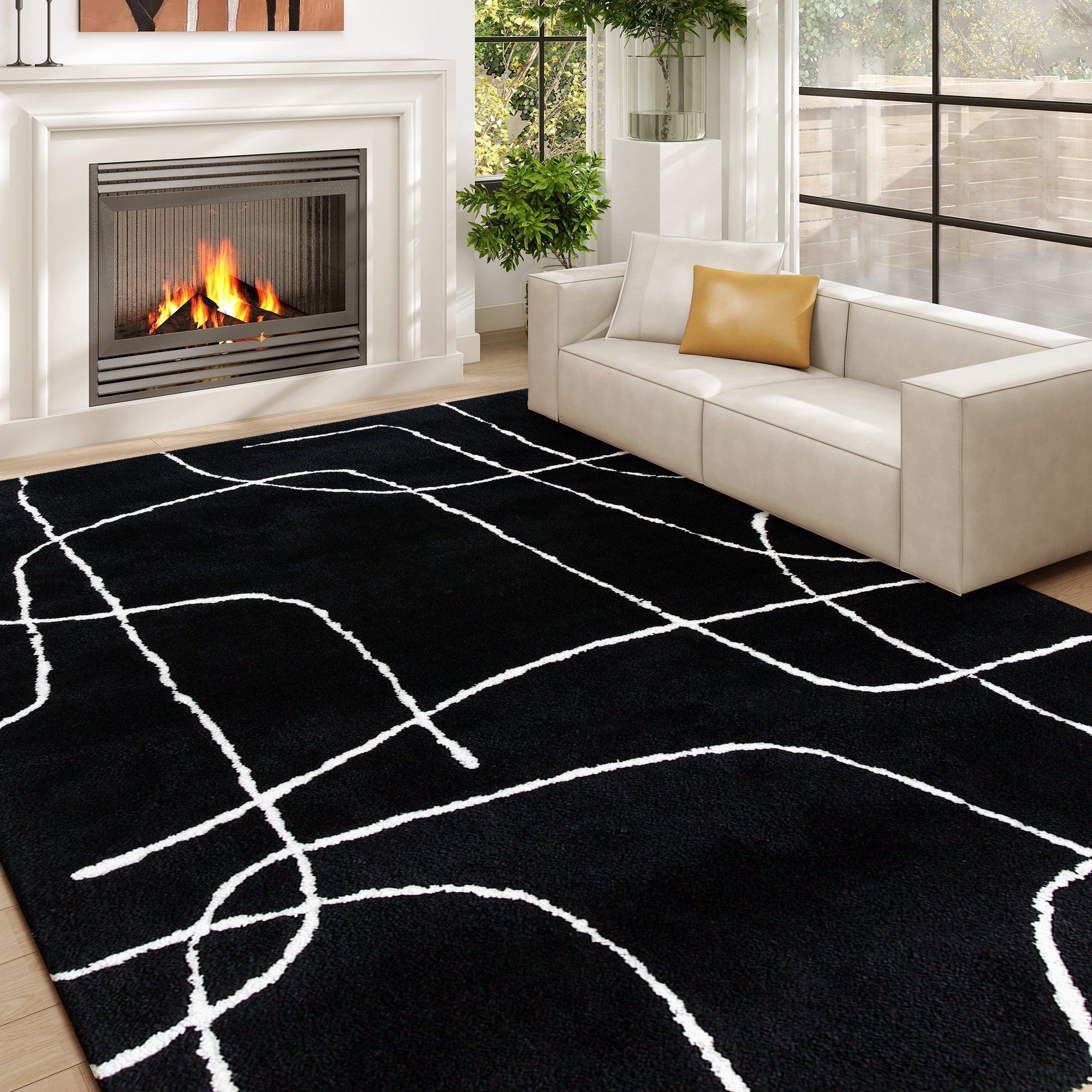 Fynco - Modern Fluffy Area Rug, Geometric Pattern Washable Rug, Soft High Pile Floor Carpet for Living Room, Bedroom, Dining Room, Home Office, 170 x 120 cm, Black