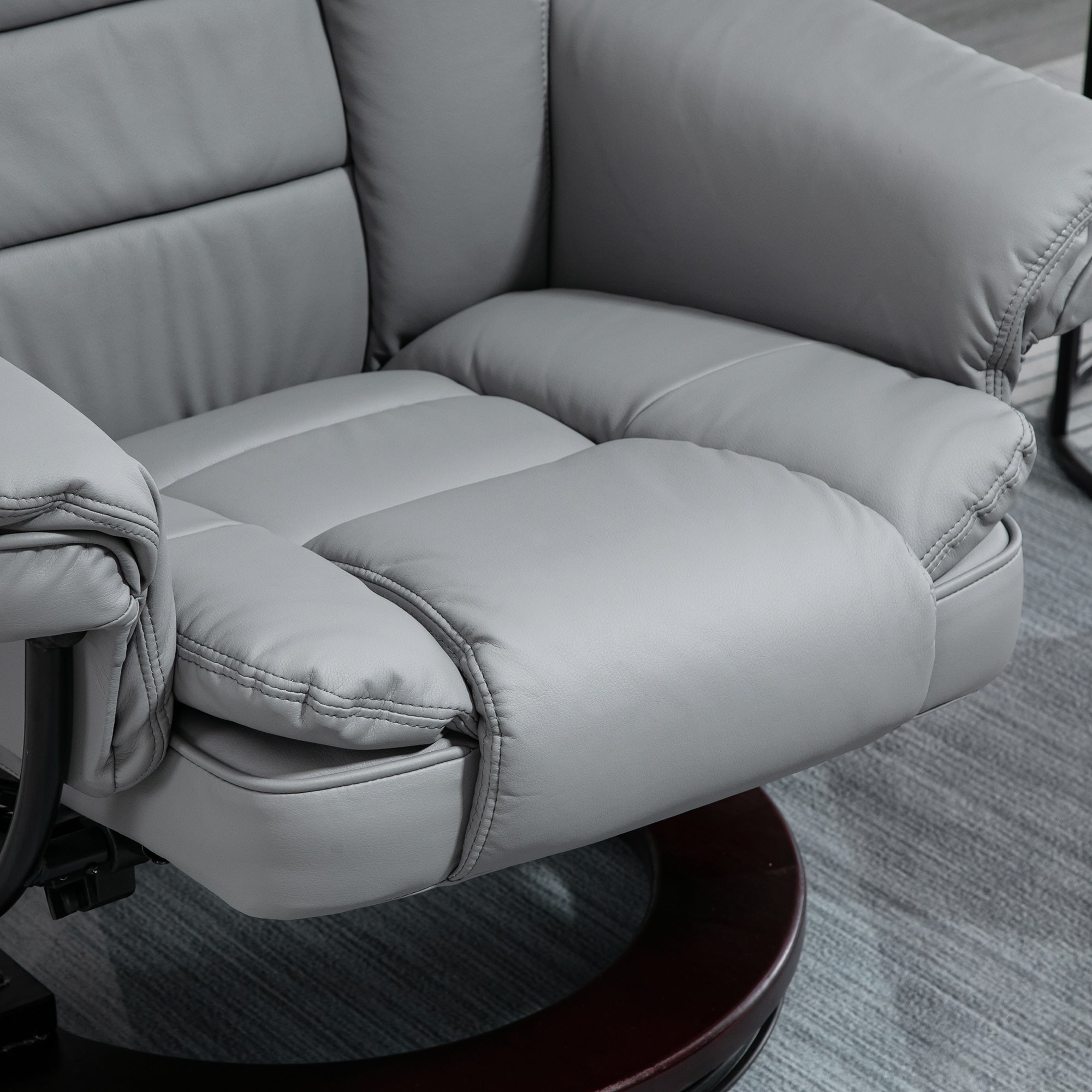 Recliner Chair With footstool, Recliner Armchair up to 130kg Weight Capacity, 135° Reclining Swivel Sofa Chair, PU Leather Ergonomic Couch Bed with Swivel Wood Base for Living Room, Grey