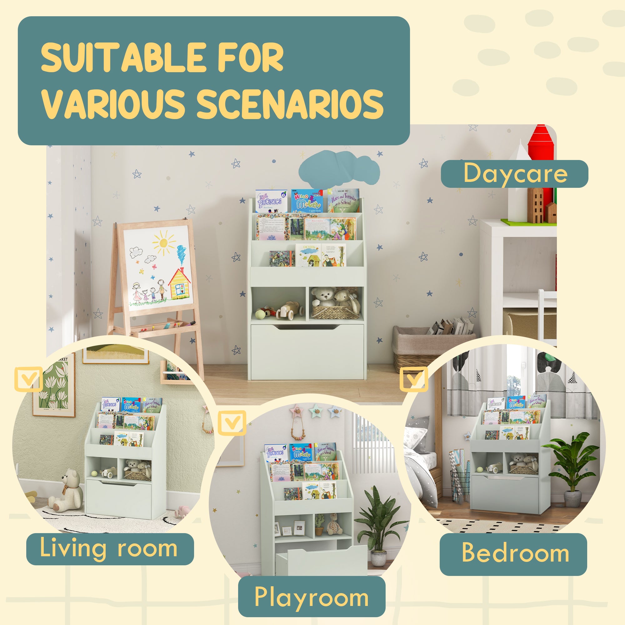 Kids Bookshelf, Toy Organiser, with Storage Drawer, Wheels - Green