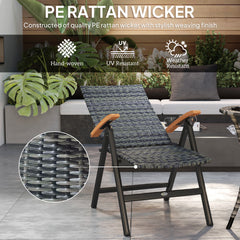Folding Rattan Garden Dining Chair with 5-level Reclining High Back, Wood Armrests for Outdoor, Patio - Mixed-grey