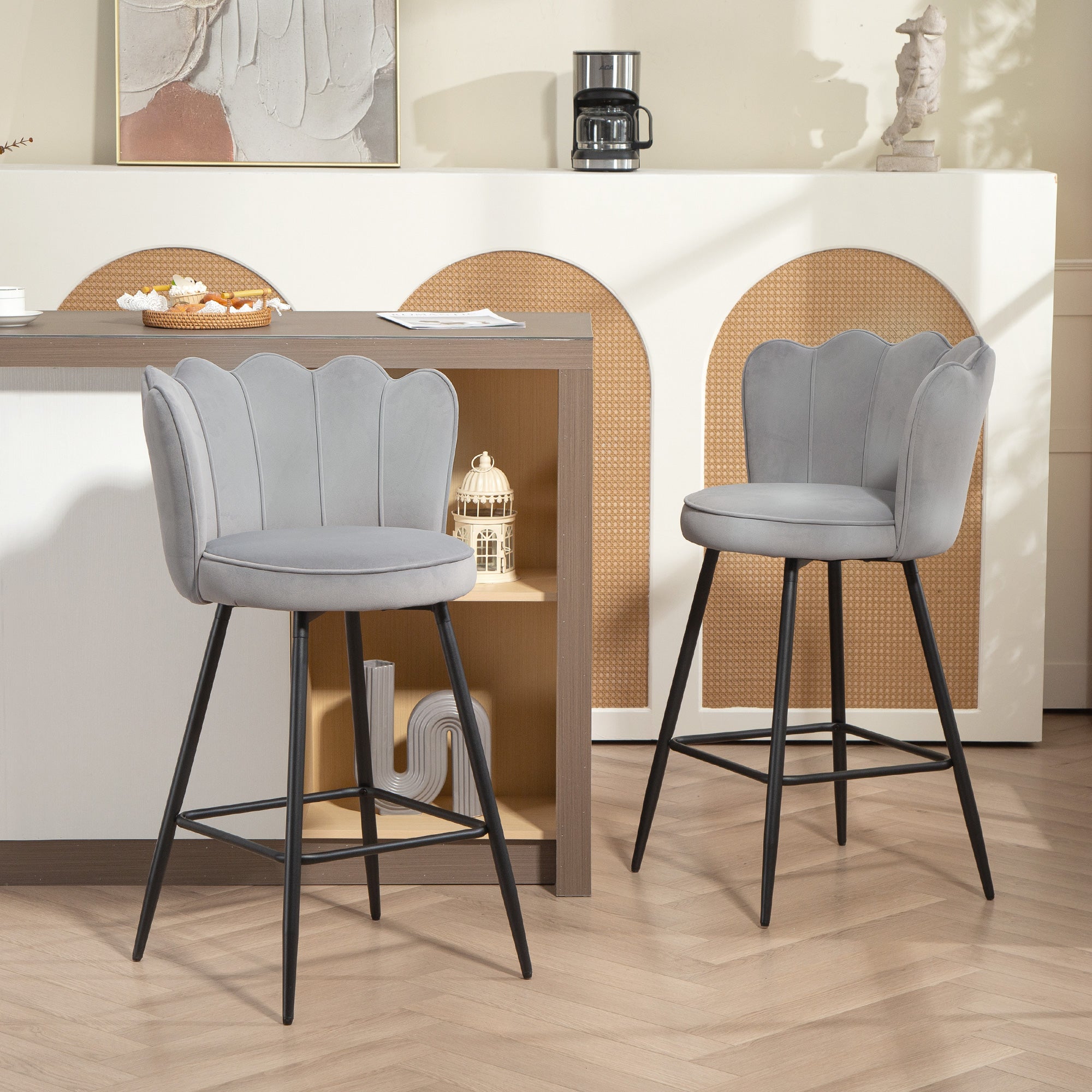 Fynco - Set of Two Velvet-Feel Lotus Bar Stools - Grey