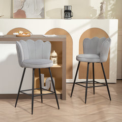 Fynco - Set of Two Velvet-Feel Lotus Bar Stools - Grey