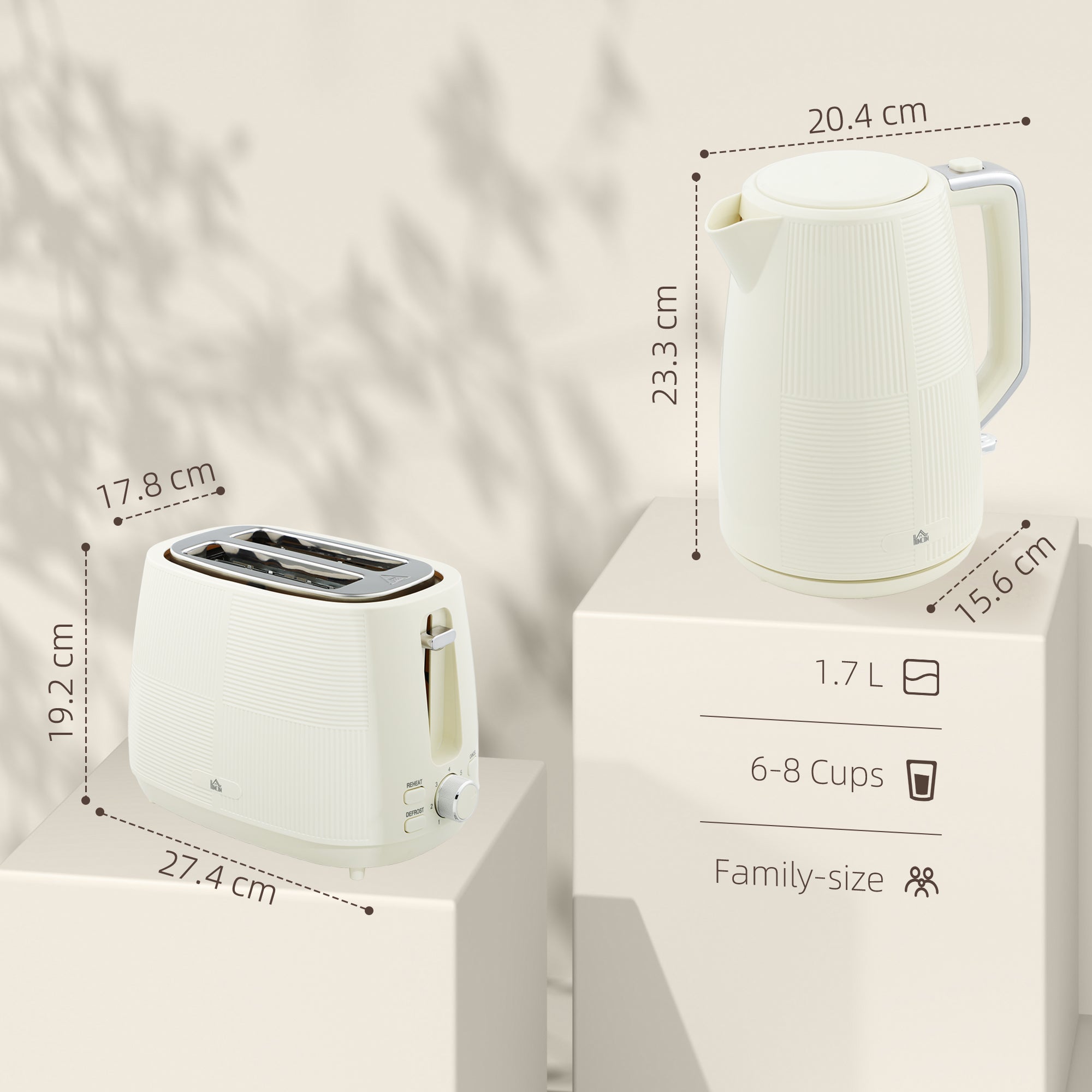 Kettle and Toaster Set, 1.7L 3000W Fast Boil Kettle & 2 Slice Toaster Kitchen Set with 7 Level Browning Controls, Defrost, Reheat, Boil-dry Protection, Cream White