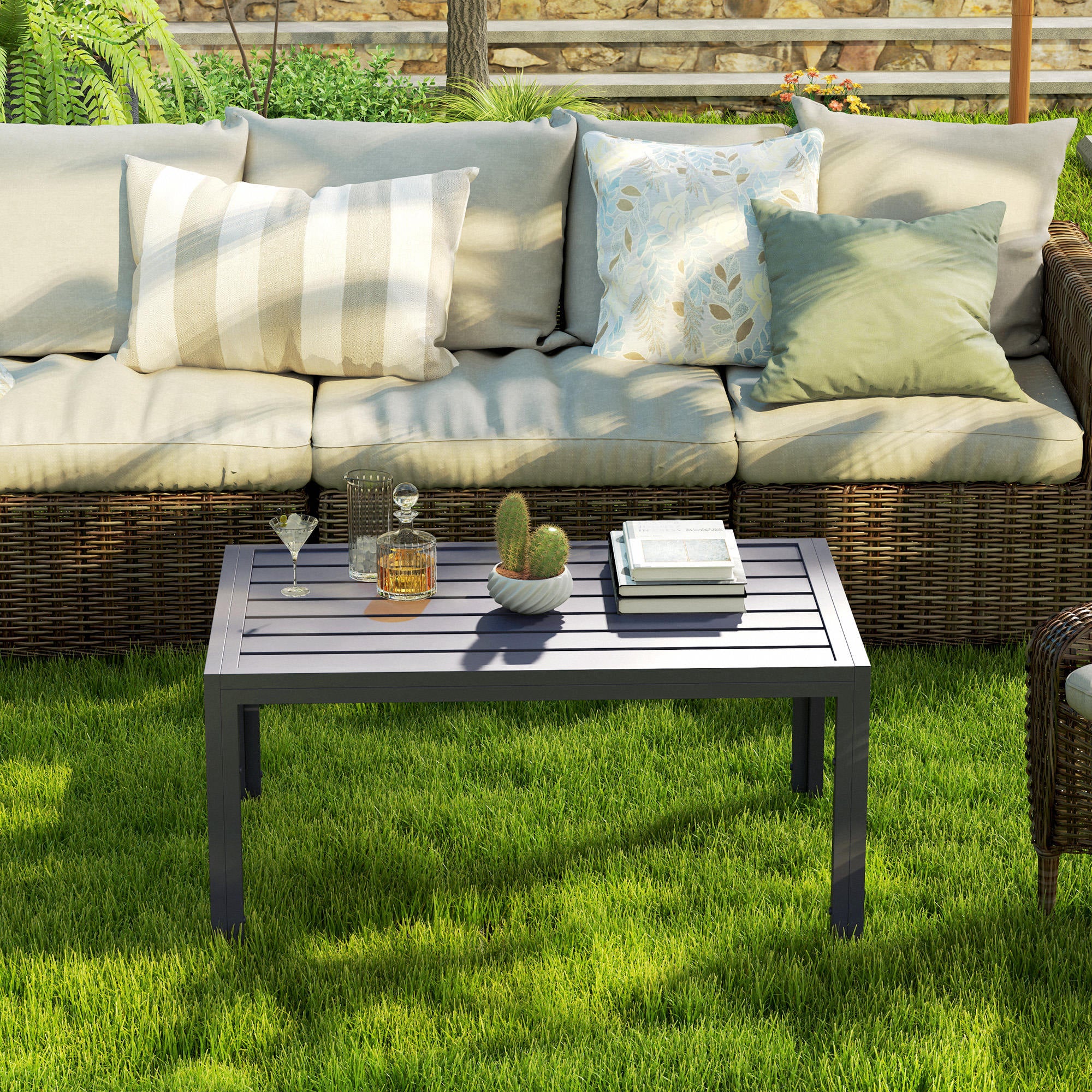 Outdoor Side Table, Rectangular Patio Coffee Side Table with Steel Frame and Slat Tabletop for Garden, Balcony, Grey