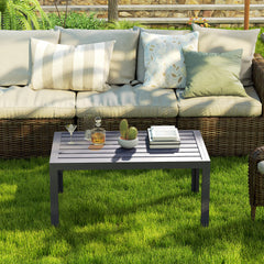 Outdoor Side Table, Rectangular Patio Coffee Side Table with Steel Frame and Slat Tabletop for Garden, Balcony, Grey