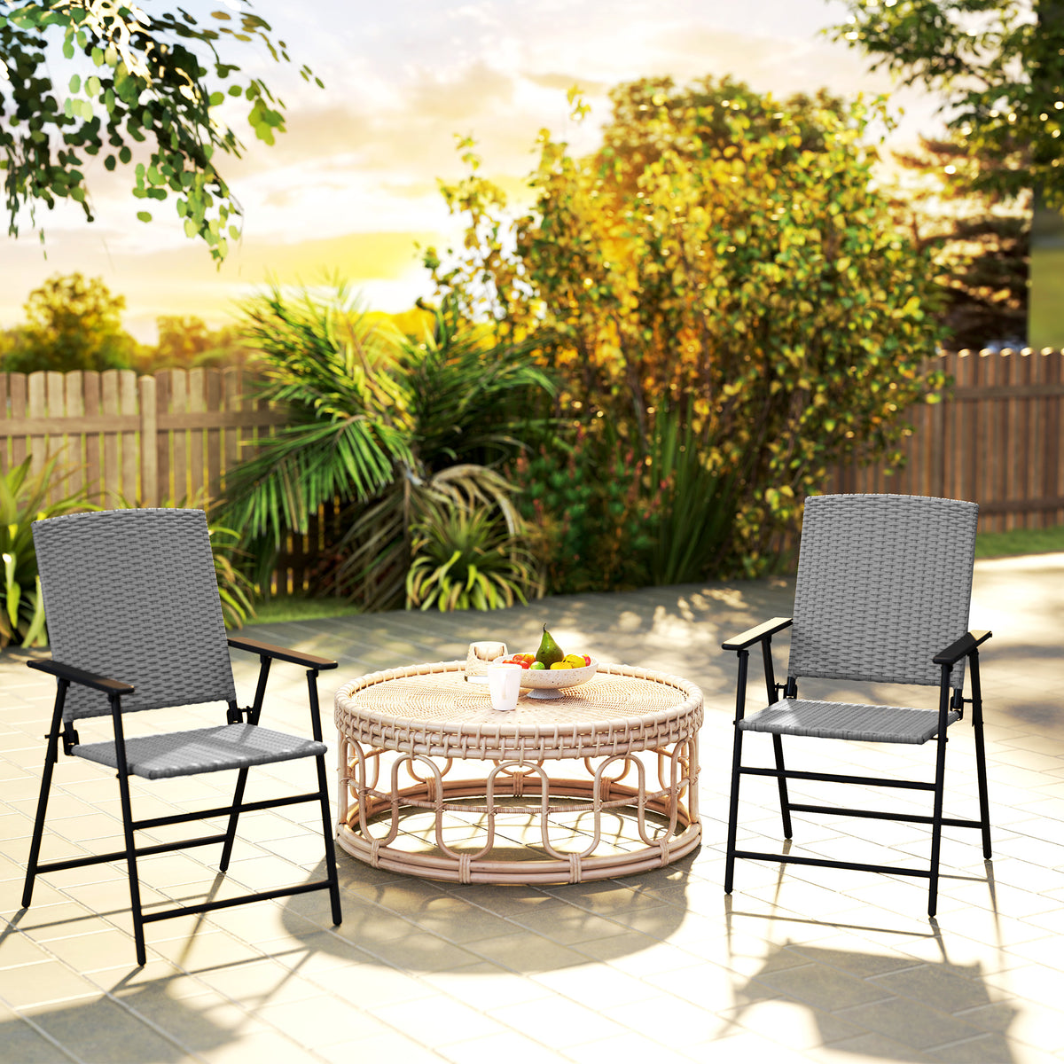 Set of Two Folding Rattan Seat Chairs - Grey