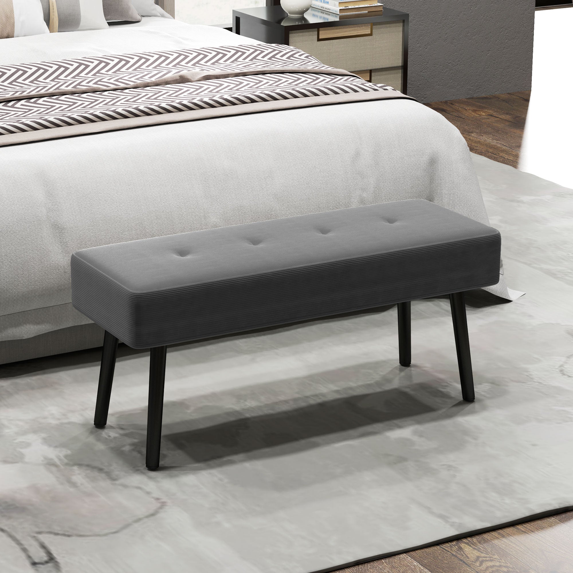 End of Bed Bench, Corduroy Bedroom Bench with Thick Padding and Steel Legs, Tufted Window Seat for Entryway, Living Room, Grey