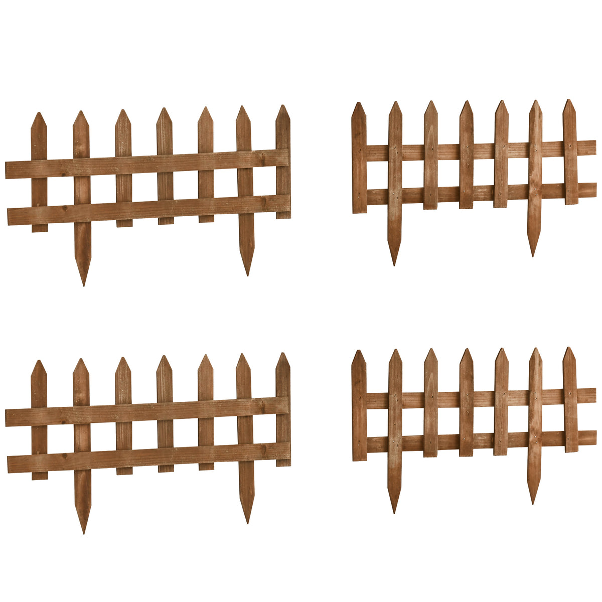 Fynco - Pack of 24 Wooden Border Fences, Garden Fixed Picket Fence for Lawn Edging, Flowerbed, 60L x 1D x 34H cm, Brown