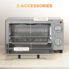 Mini Oven, 9L Countertop Electric Grill, Toaster Oven with Adjustable Temperature, Timer, Dishwasher Safe Baking Tray and Wire Rack, 750W, Silver