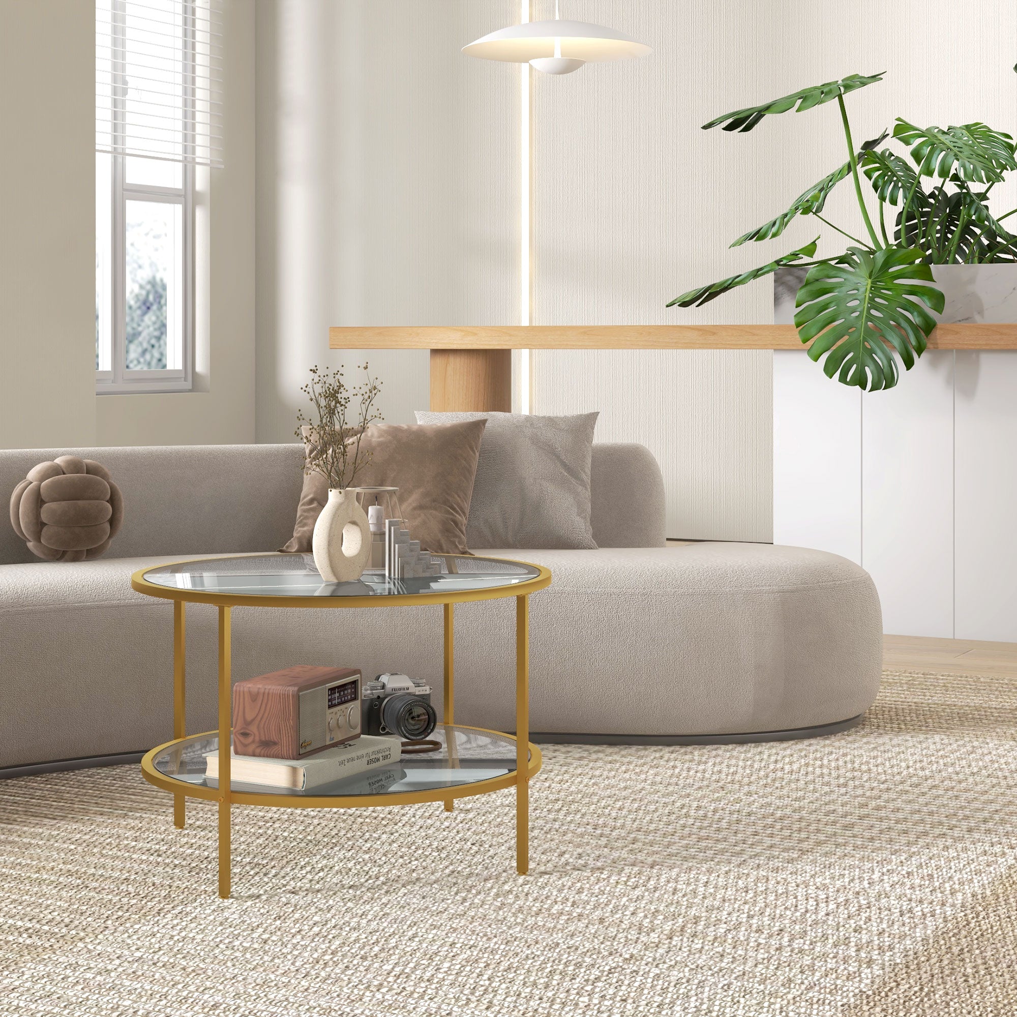 Round Coffee Table with Storage, 2-Tier Tempered Glass Coffee Table with Steel Frame for Living Room, Gold Tone