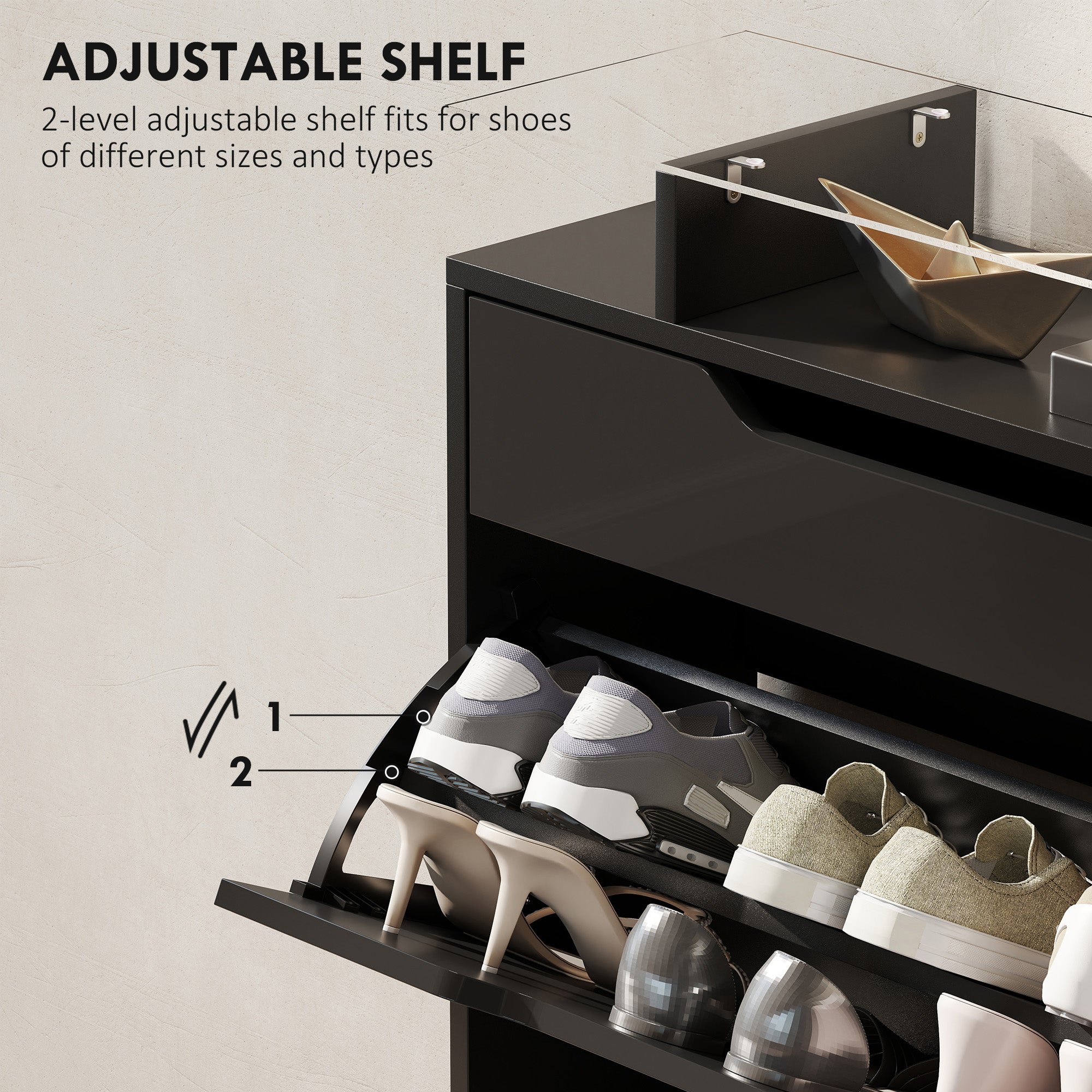 Fynco - Shoe Storage Cabinet with Slide Out Drawer, 2 Flip Doors, Tempered Glass Top - Black