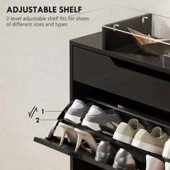 Fynco - Shoe Storage Cabinet with Slide Out Drawer, 2 Flip Doors, Tempered Glass Top - Black