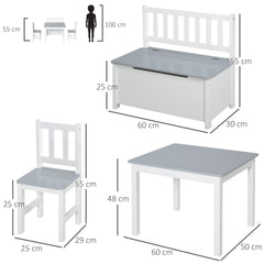 4-Piece Kids Table and Chair Set with 2 Wooden Chairs, 1 Storage Bench, and Interesting Modern Design, Grey/White