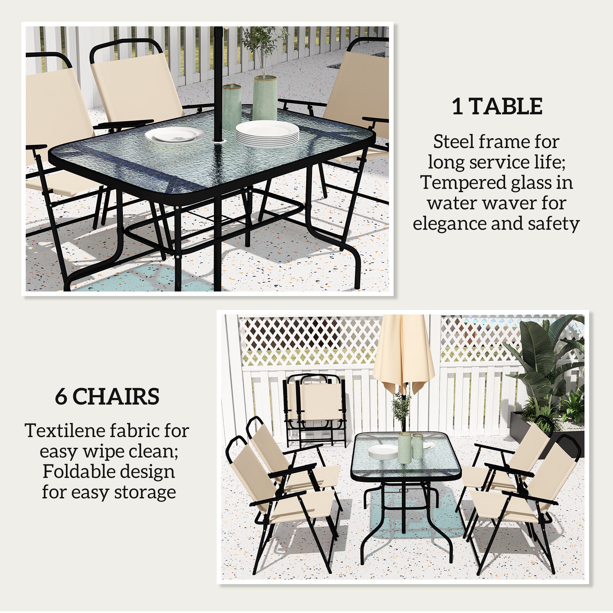 8 Pieces Garden Dining Set with Umbrella, Patio Sets with Parasol with 6 Foldable Chairs, Glass Top Table, and Sun Parasol, Beige