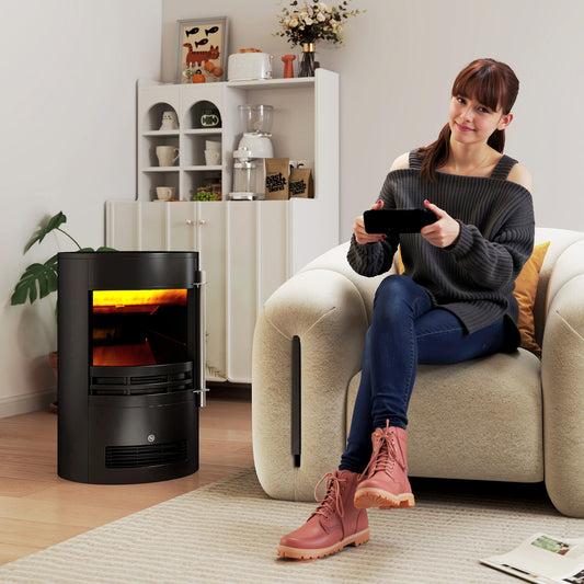 Fynco - 1000W/2000W Freestanding Electric Fireplace, Indoor Heater Fire Stove with Log Burner Effect Flame, Thermostat Control