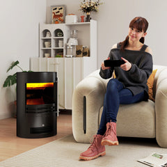Fynco - 1000W/2000W Freestanding Electric Fireplace, Indoor Heater Fire Stove with Log Burner Effect Flame, Thermostat Control