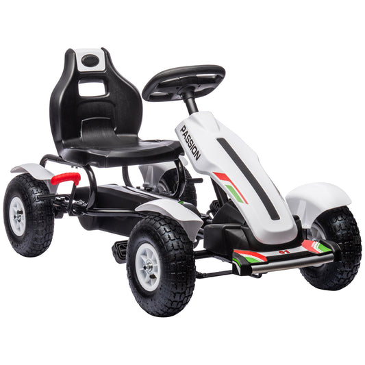 Children Pedal Go Kart, Kids Ride On Racer with Adjustable Seat, Inflatable Rubber Tyres, Handbrake, for Ages 5-12 Years - White