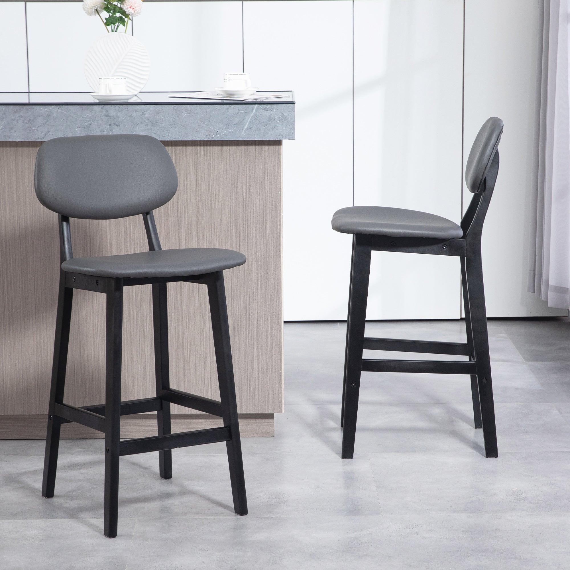 Bar Stools Set of 2, Breakfast Bar Chairs, PU Leather Upholstered Kitchen Stools with Backs, Footrests and Solid Wood Legs, Dark Grey