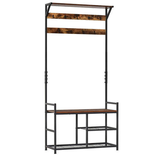 Coat Rack Stand Shoe Storage Bench with 9 Hooks Shelves for Bedroom Living Room Entryway Brown and Black 180cm