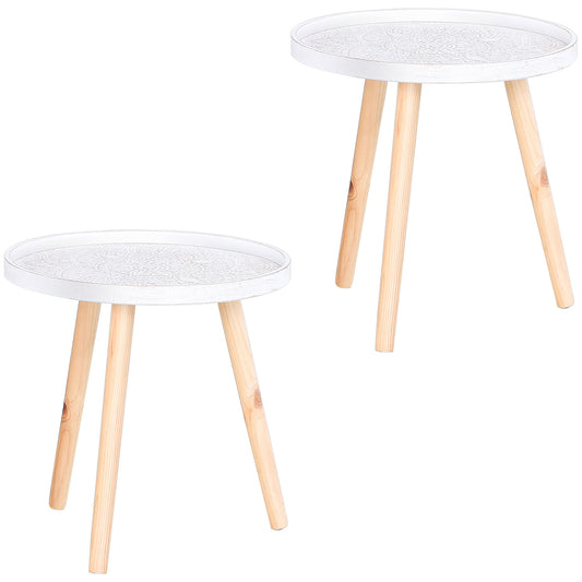 Coffee Table, Carved Floral Round Table with Tray-style Top and Wood Legs, Modern Side Table for Living Room, Set of 2, White