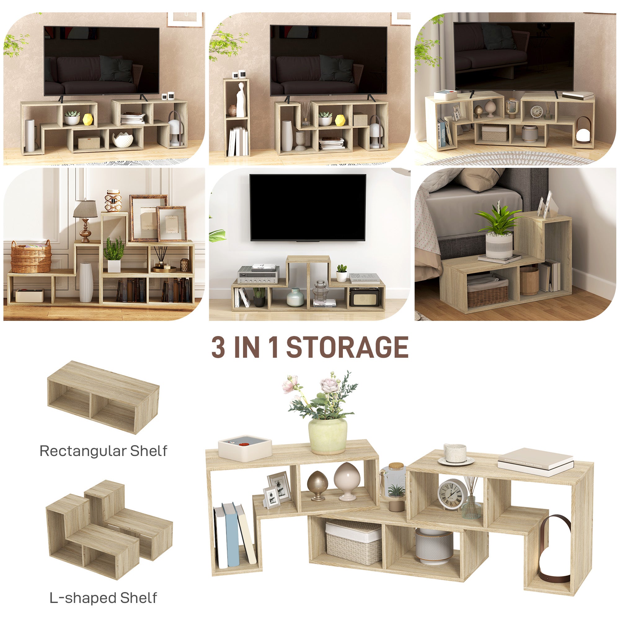 TV Stand for TVs up to 75 Inches, Free Combination TV Unit with Storage Shelves, Extendable Entertainment Centre for Living Room, Grey Oak Wood Grain
