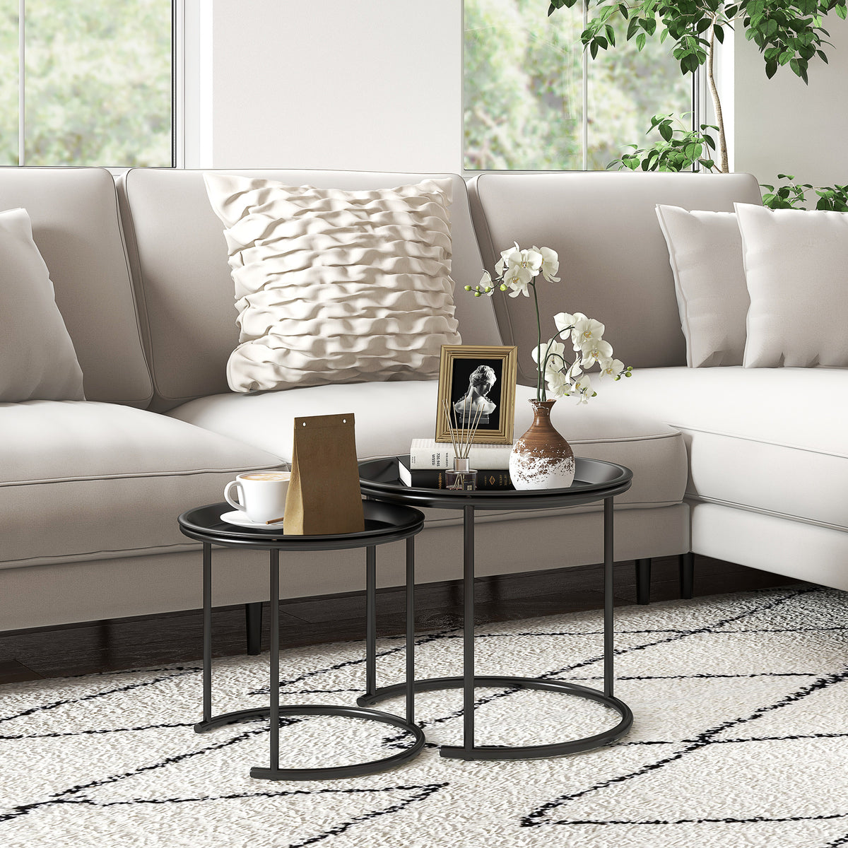 Nesting Tables Set of 2, Side End Table with Removable Tabletop Tray and Steel Frame for Living Room, Bedroom, Black