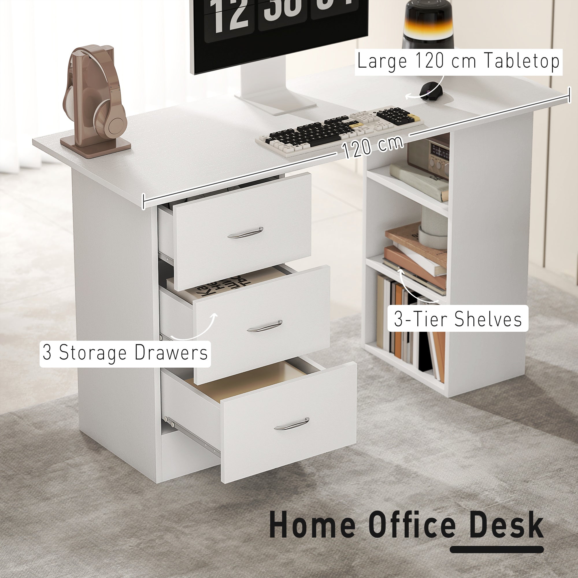 Fynco - Computer Desk, Writing Table, PC Workstation with 3 Storage Shelves and Drawers, Silver Handle, for Home Office, White