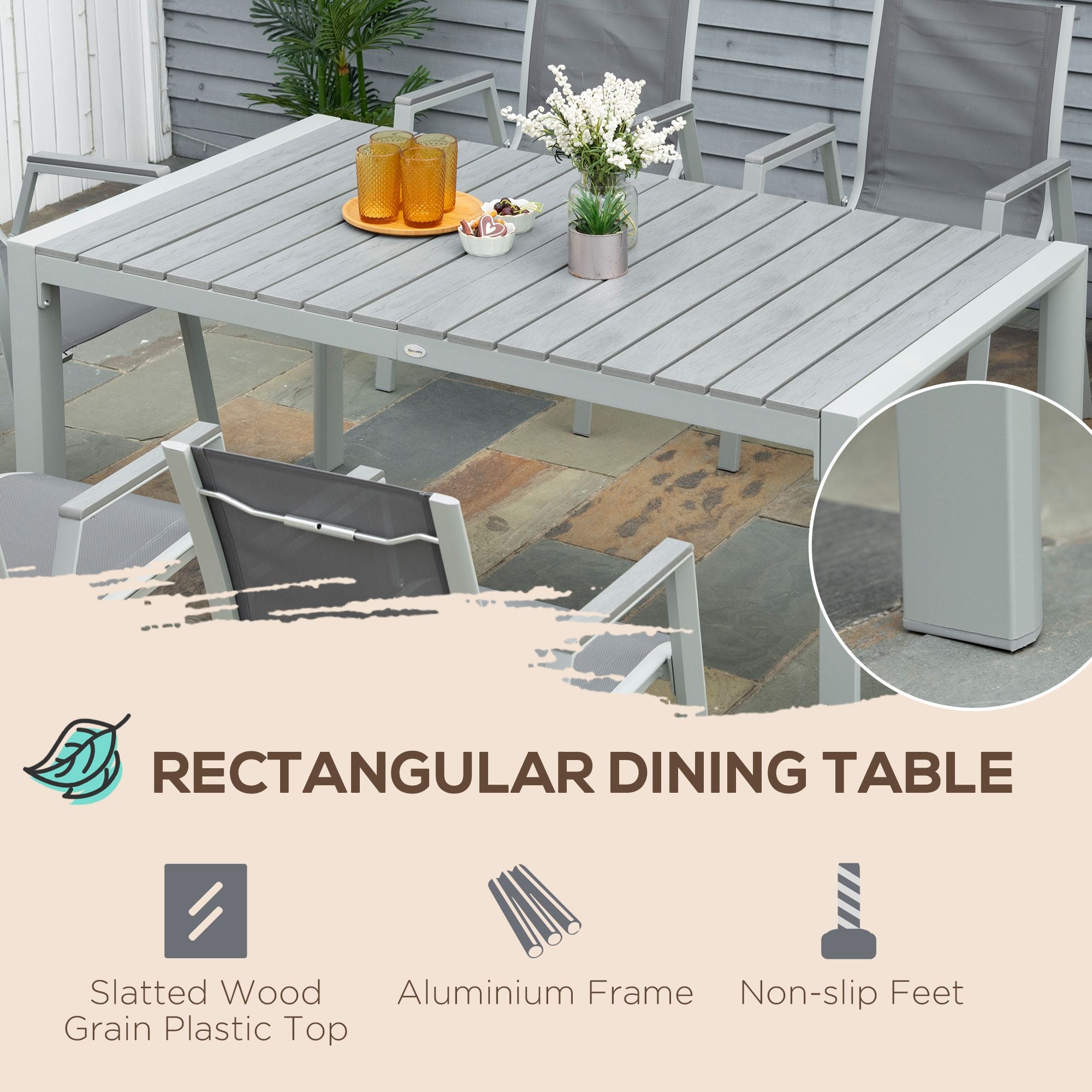 7 Pieces Garden Dining Set, Outdoor Table and 6 Armchairs, Aluminium Frame, Slatted Wood Grain Plastic Top Table, Breathable Mesh Fabric Seats and Backrest, Light Grey