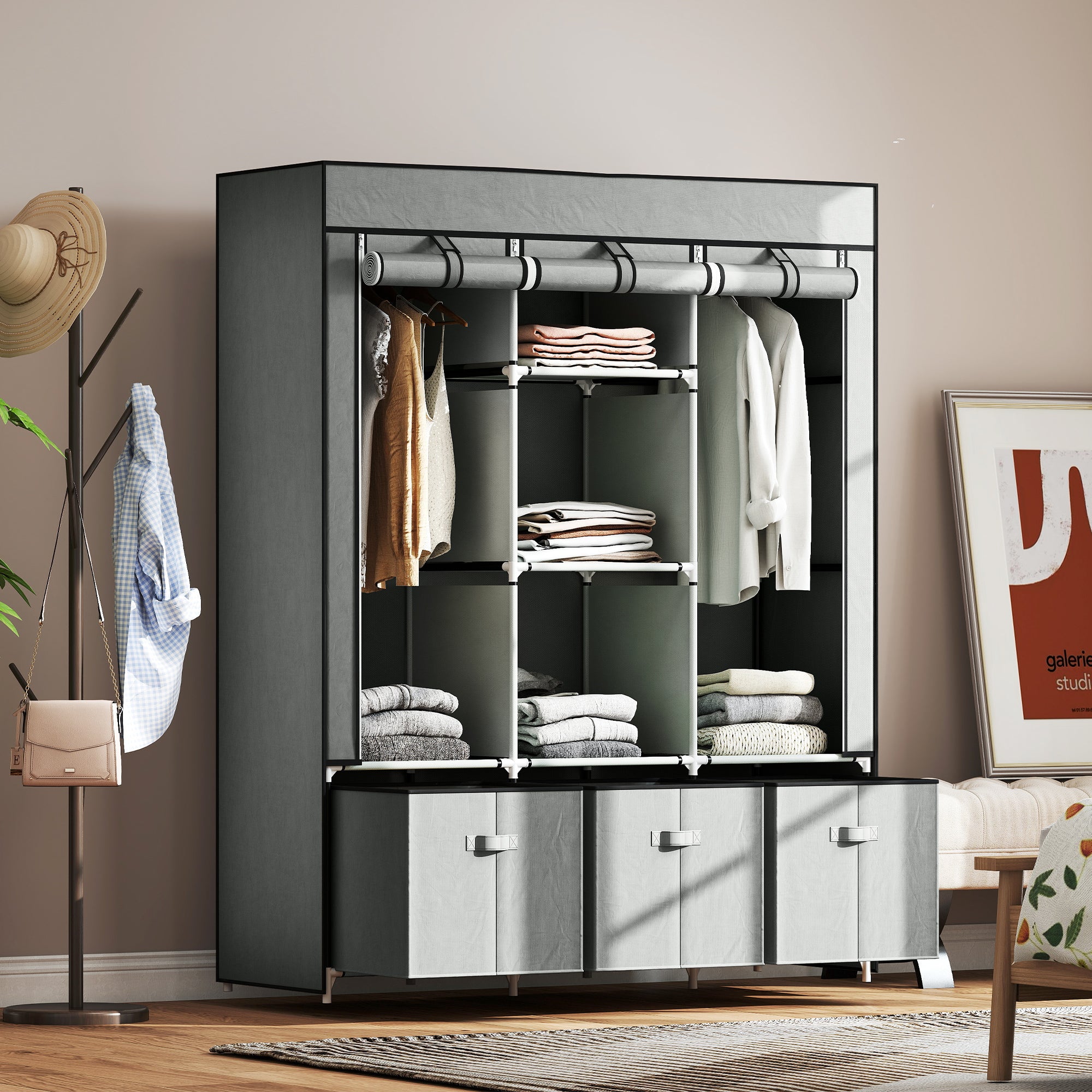 Fabric Wardrobe for Bedroom, Portable Wardrobe with 5 Shelves, 2 Hanging Rails and 3 Fabric Drawers, Foldable Closet, 125 x 43 x 162.5cm, Light Grey