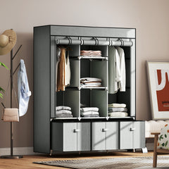 Fabric Wardrobe for Bedroom, Portable Wardrobe with 5 Shelves, 2 Hanging Rails and 3 Fabric Drawers, Foldable Closet, 125 x 43 x 162.5cm, Light Grey