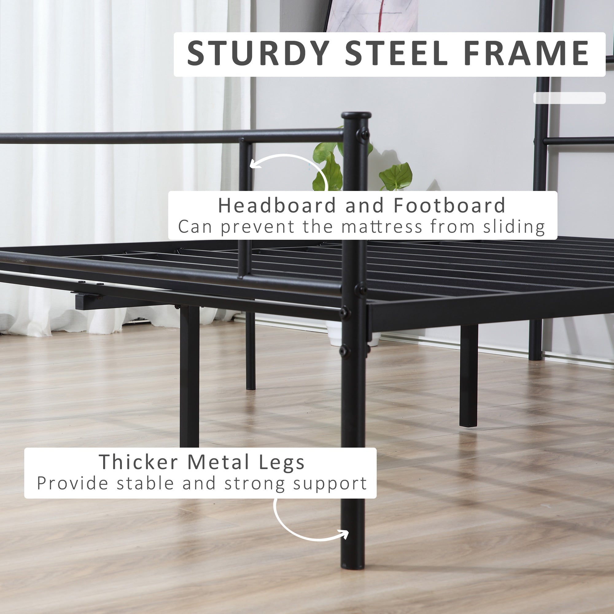 King Metal Bed Frame Solid Bedstead Base with Headboard and Footboard, Metal Slat Support and Underbed Storage Space, Bedroom Furniture, Black